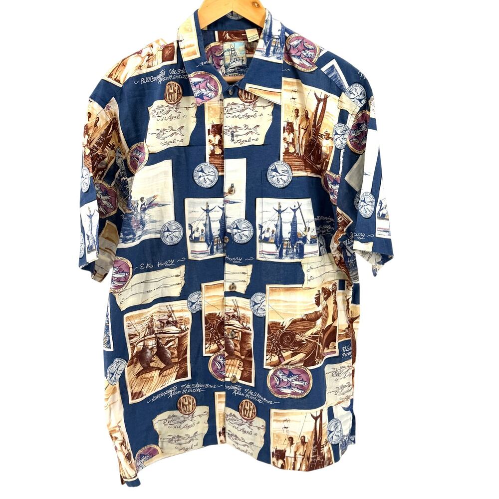 Vintage 90s Bluewater Wear Blue 100% Cotton Deep Sea Fishing Button Up Shirt